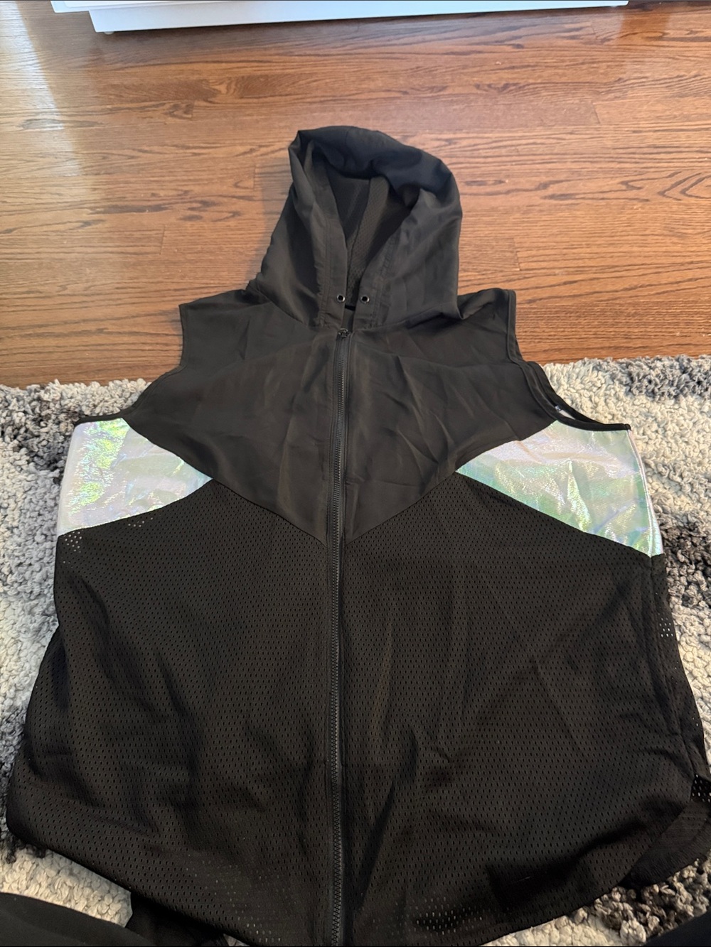 Jessica Simpson Black Mesh Hooded Zip Vest with Iridescent Panels missing string